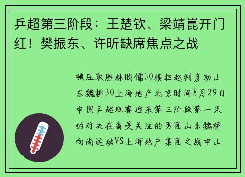 乒超第三阶段：王楚钦、梁靖崑开门红！樊振东、许昕缺席焦点之战